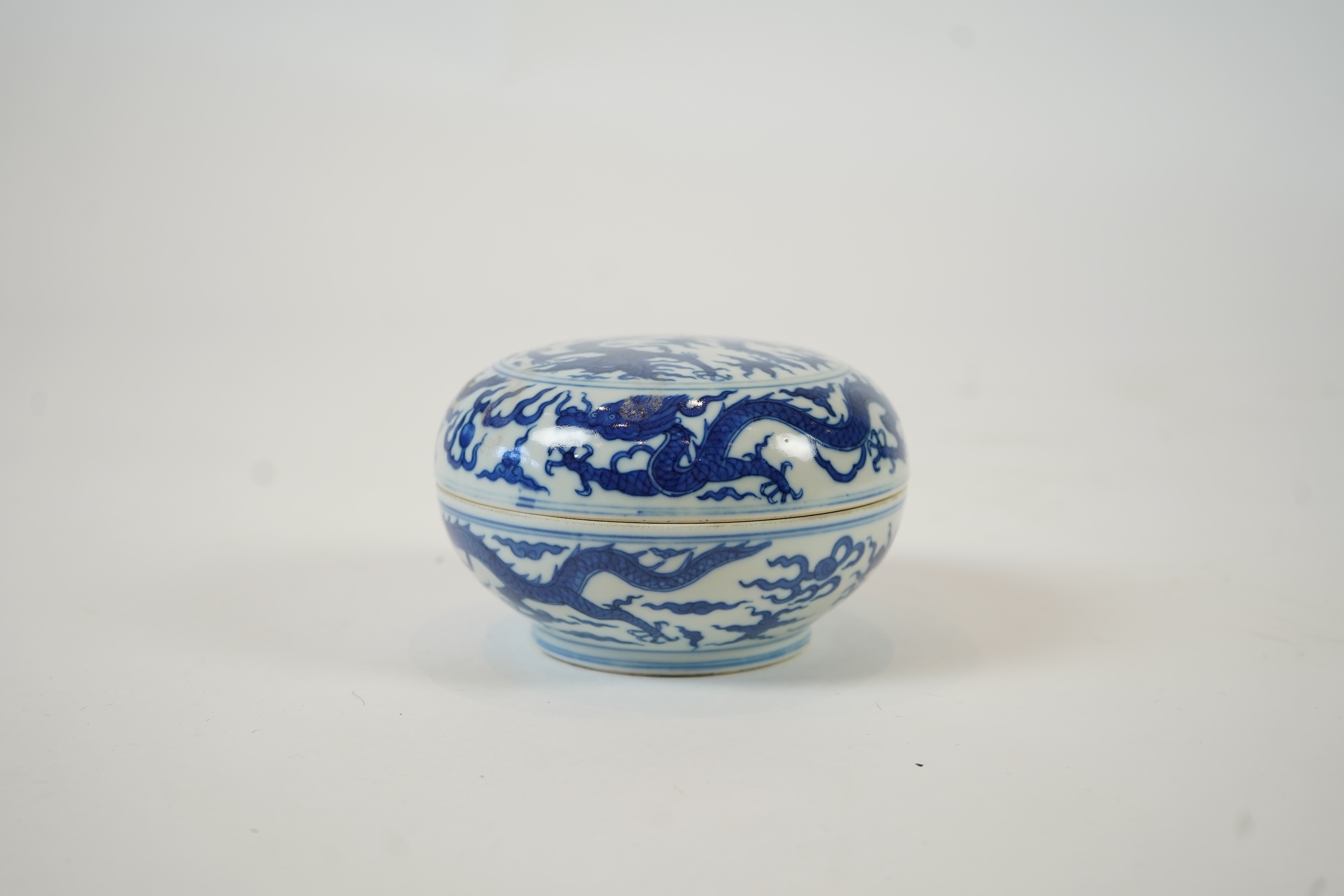 A Chinese blue and white ‘dragon’ box and cover, Jiajing six character mark, 19th century